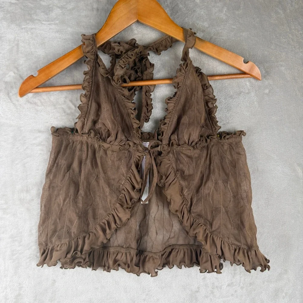 Out From Under Brown Sheer Mesh Ruffle Halter Top Small Medium V-Neck Tie Front